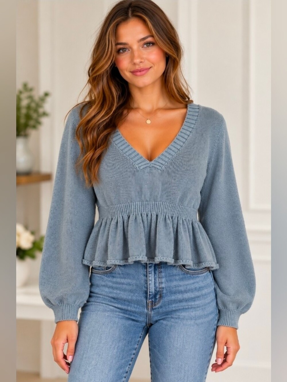 Blu Pepper Light Blue V-Neck Peplum Knit Sweater